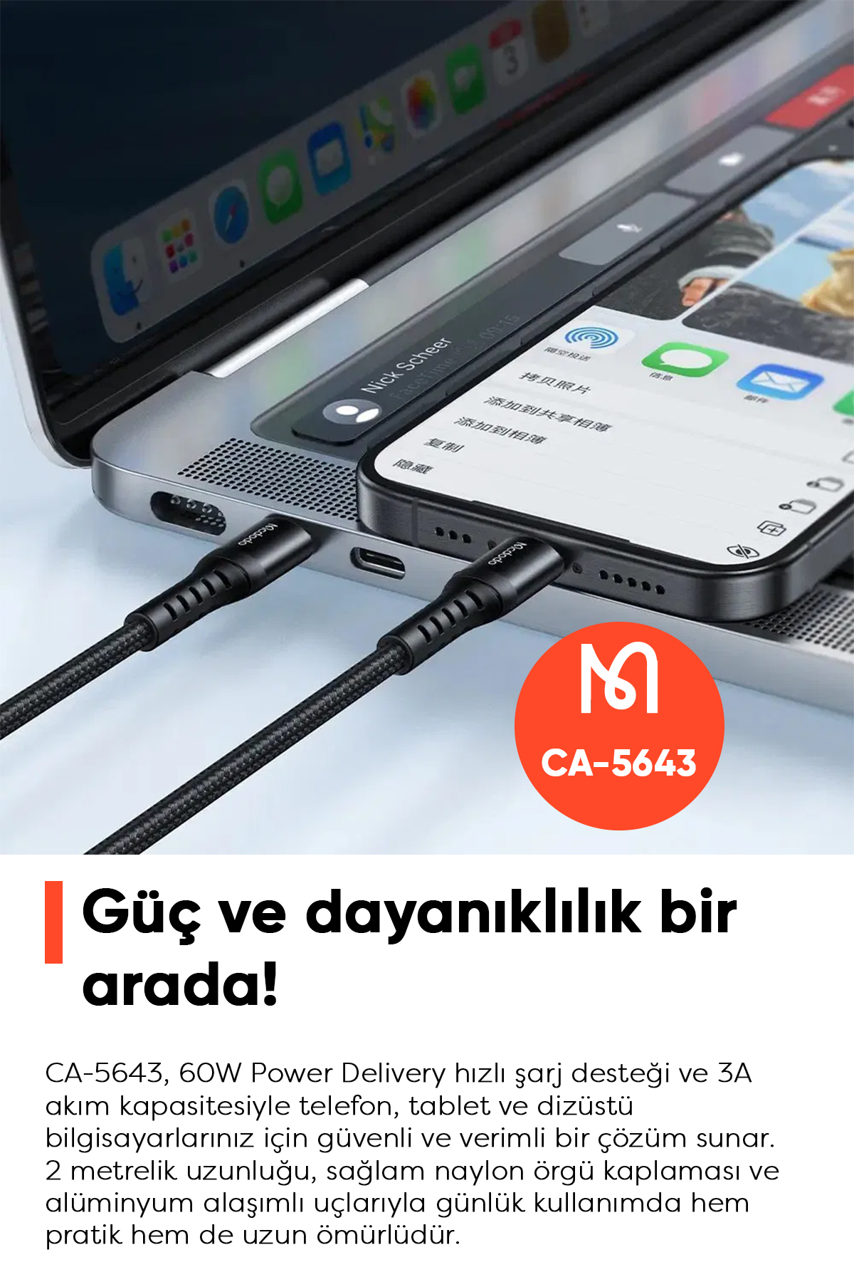 CA-5643 60W 3A USB-C TO USB-C ŞARJ VE DATA KABLOSU SİYAH - 2M Afişi