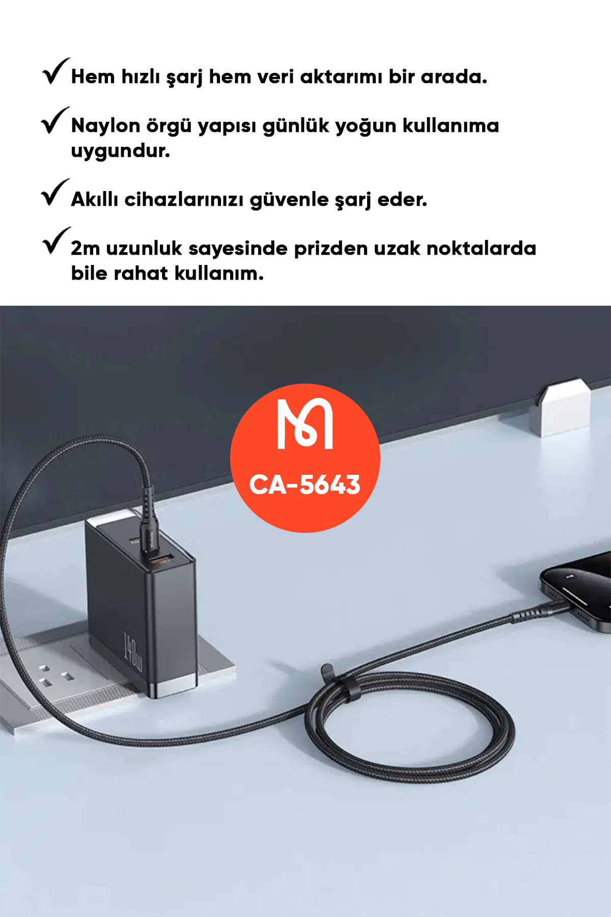 CA-5643 60W 3A USB-C TO USB-C ŞARJ VE DATA KABLOSU SİYAH - 2M Afişi