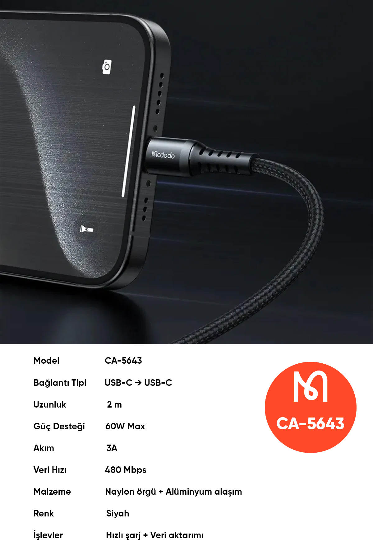 CA-5643 60W 3A USB-C TO USB-C ŞARJ VE DATA KABLOSU SİYAH - 2M Afişi