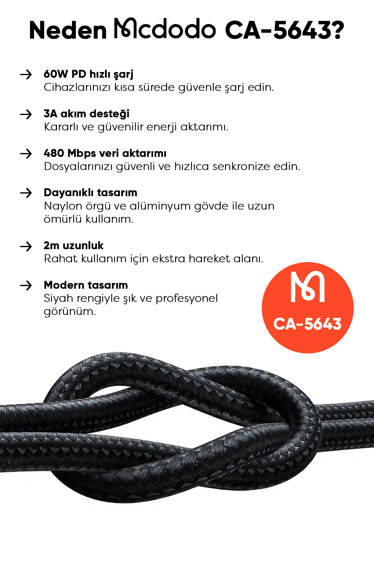 CA-5643 60W 3A USB-C TO USB-C ŞARJ VE DATA KABLOSU SİYAH - 2M Afişi