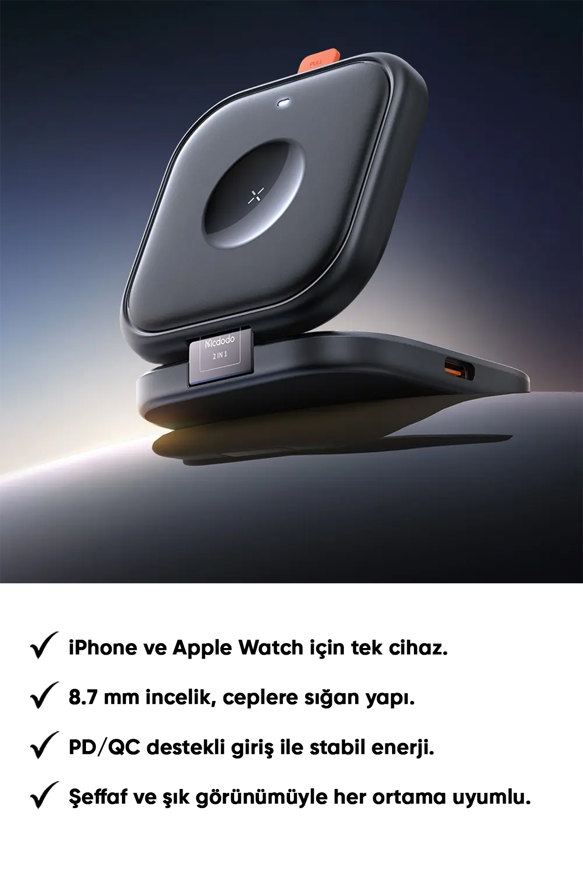 CH-2160 15W 2'si 1 Arada Katlanır Manyetik Kablosuz Şarj  Standı - Siyah Afişi