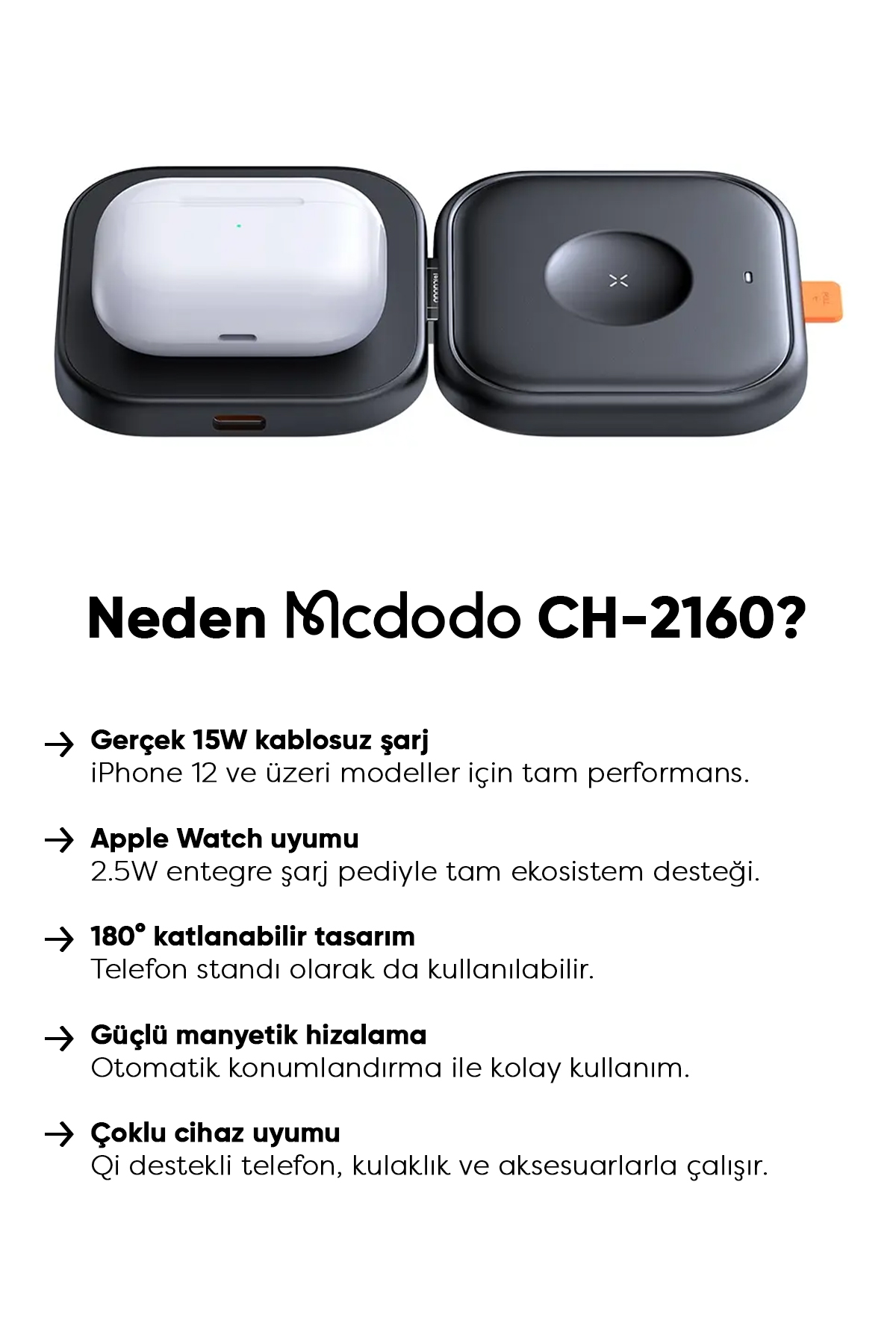 CH-2160 15W 2'si 1 Arada Katlanır Manyetik Kablosuz Şarj  Standı - Siyah Afişi