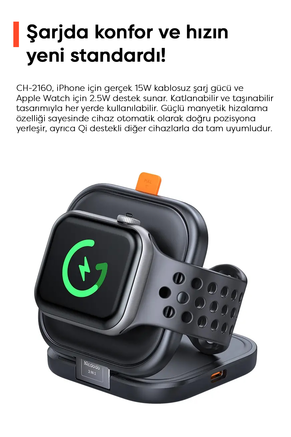 CH-2160 15W 2'si 1 Arada Katlanır Manyetik Kablosuz Şarj  Standı - Siyah Afişi