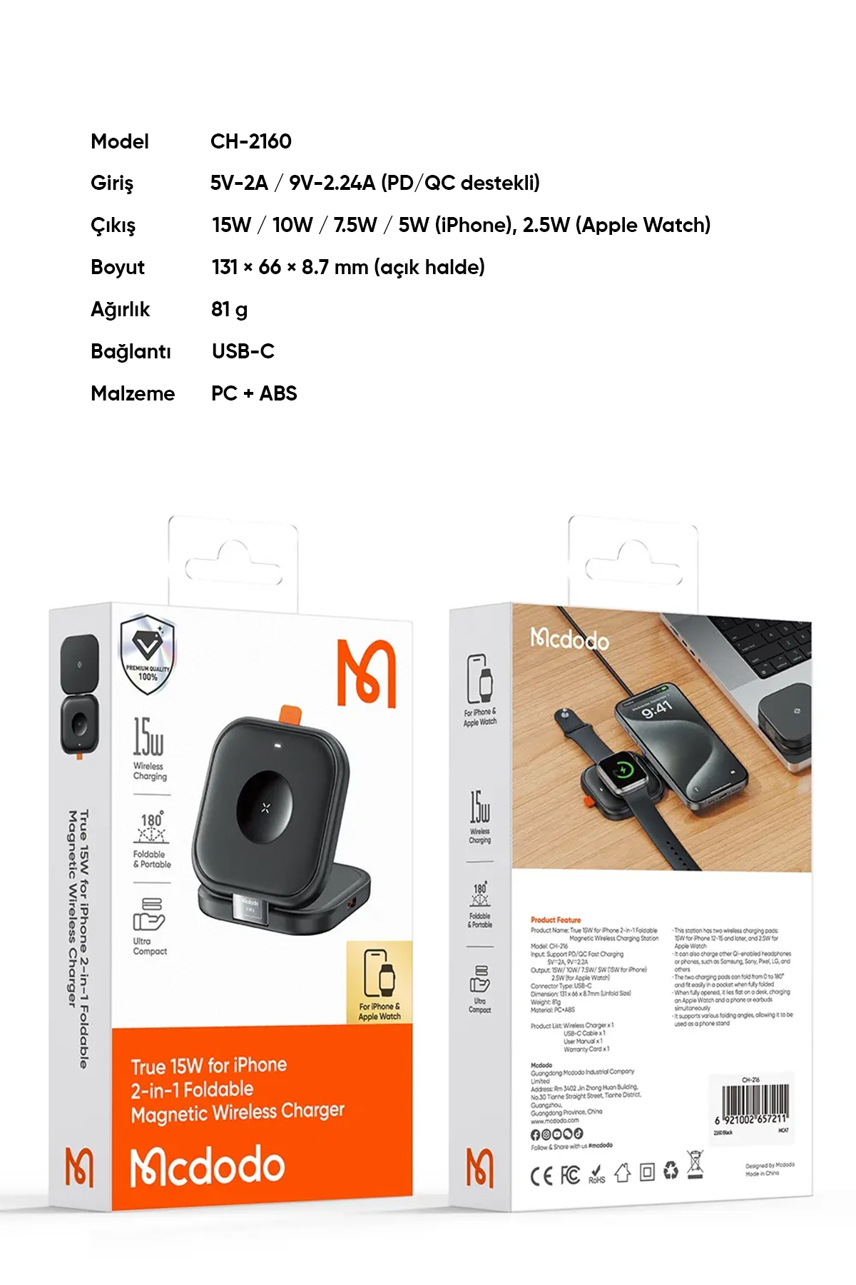 CH-2160 15W 2'si 1 Arada Katlanır Manyetik Kablosuz Şarj  Standı - Siyah Afişi