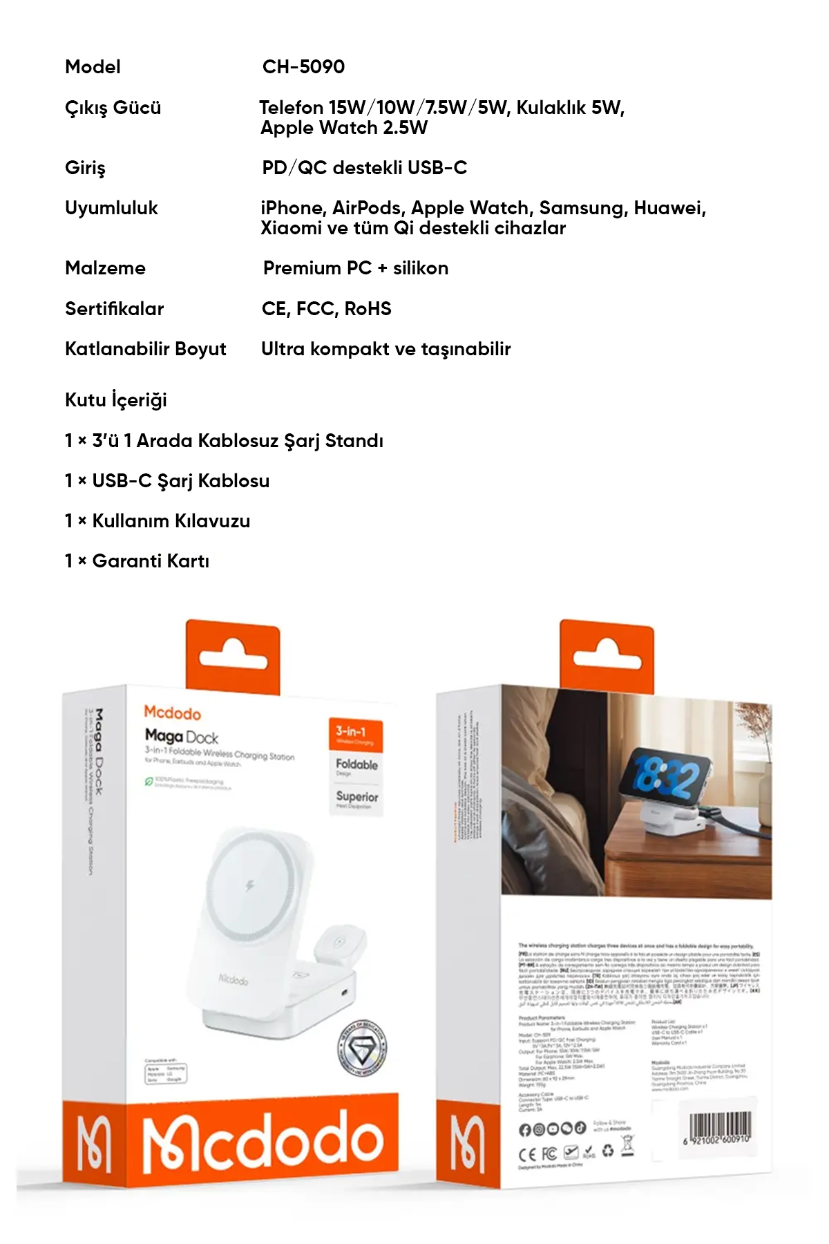 CH-5090 15W 3'ü 1 Katlanabilir Kablosuz Şarj Standı - Beyaz