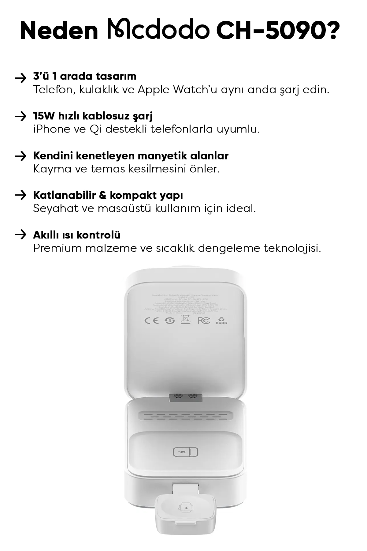 CH-5090 15W 3'ü 1  Katlanabilir Kablosuz Şarj  Standı - Beyaz Afişi