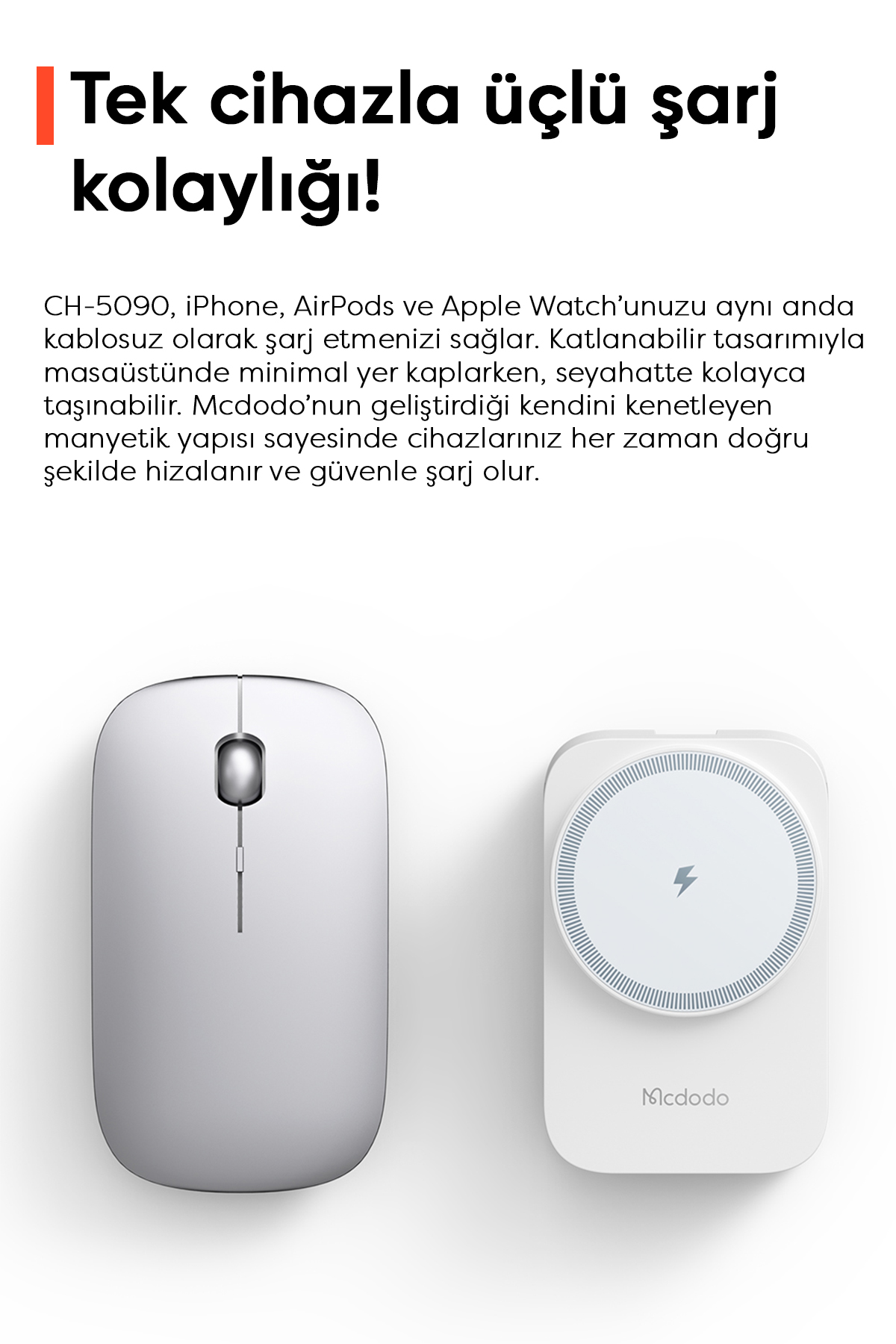 CH-5090 15W 3'ü 1  Katlanabilir Kablosuz Şarj  Standı - Beyaz Afişi