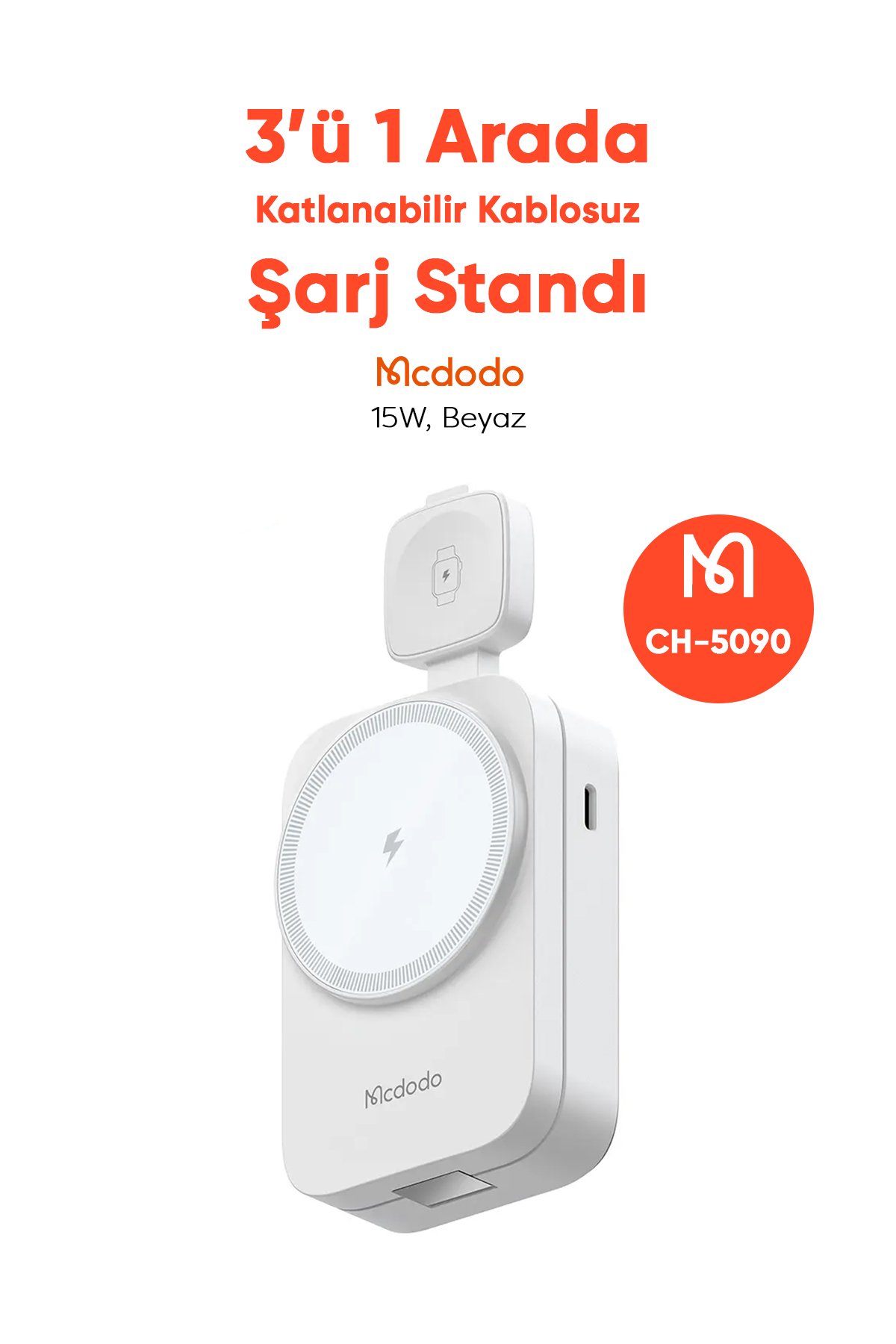 CH-5090 15W 3'ü 1  Katlanabilir Kablosuz Şarj  Standı - Beyaz Afişi