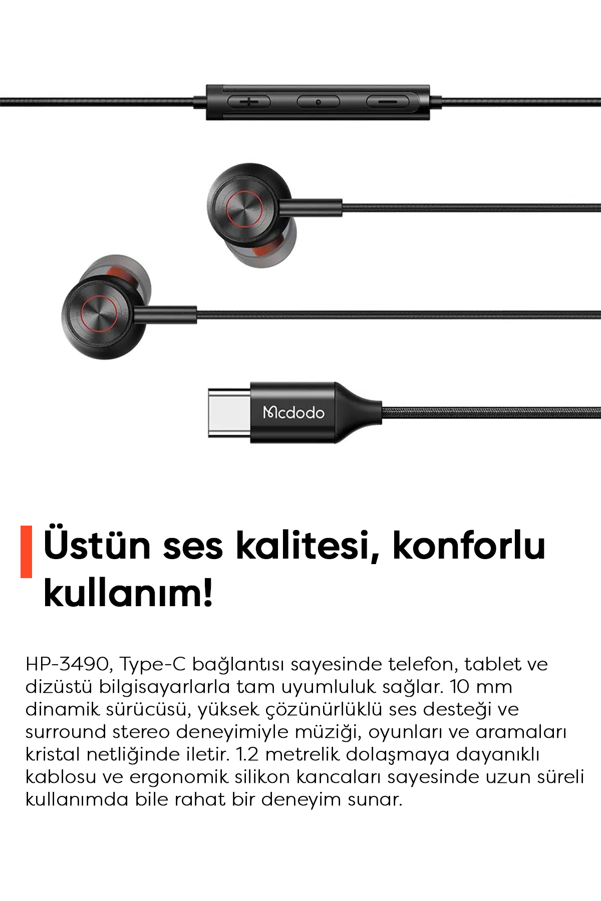 HP-3490 Type-C Girişli Kablolu Kulaklık - Siyah Afişi