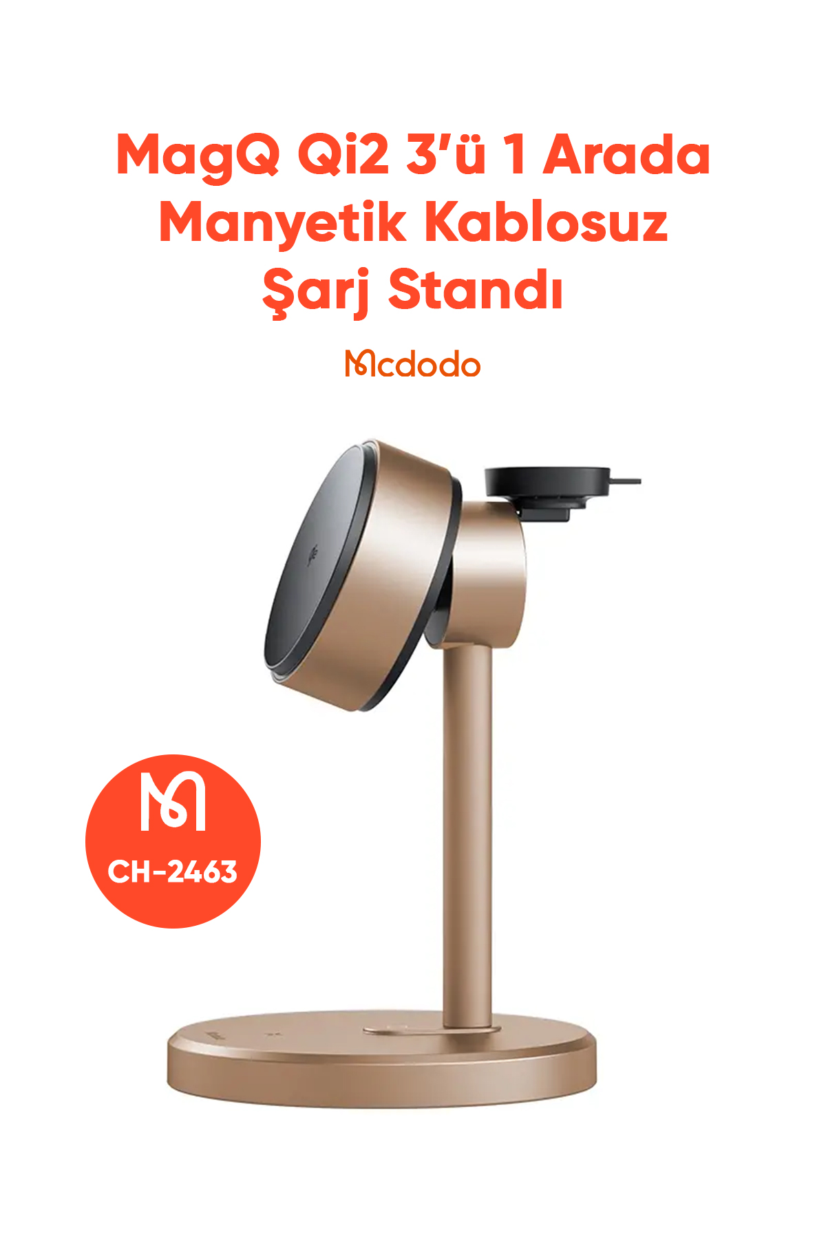 CH-2463 15W MagQ Qi2 3'ü 1 arada Kablosuz şarj standı - Çöl Titanyum Afişi
