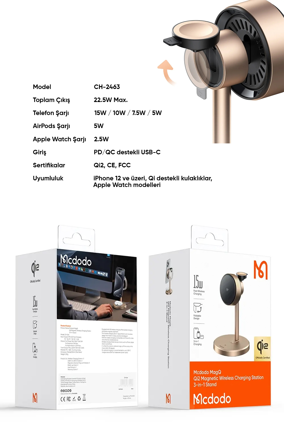 CH-2463 15W MagQ Qi2 3'ü 1 arada Kablosuz şarj standı - Çöl Titanyum Afişi
