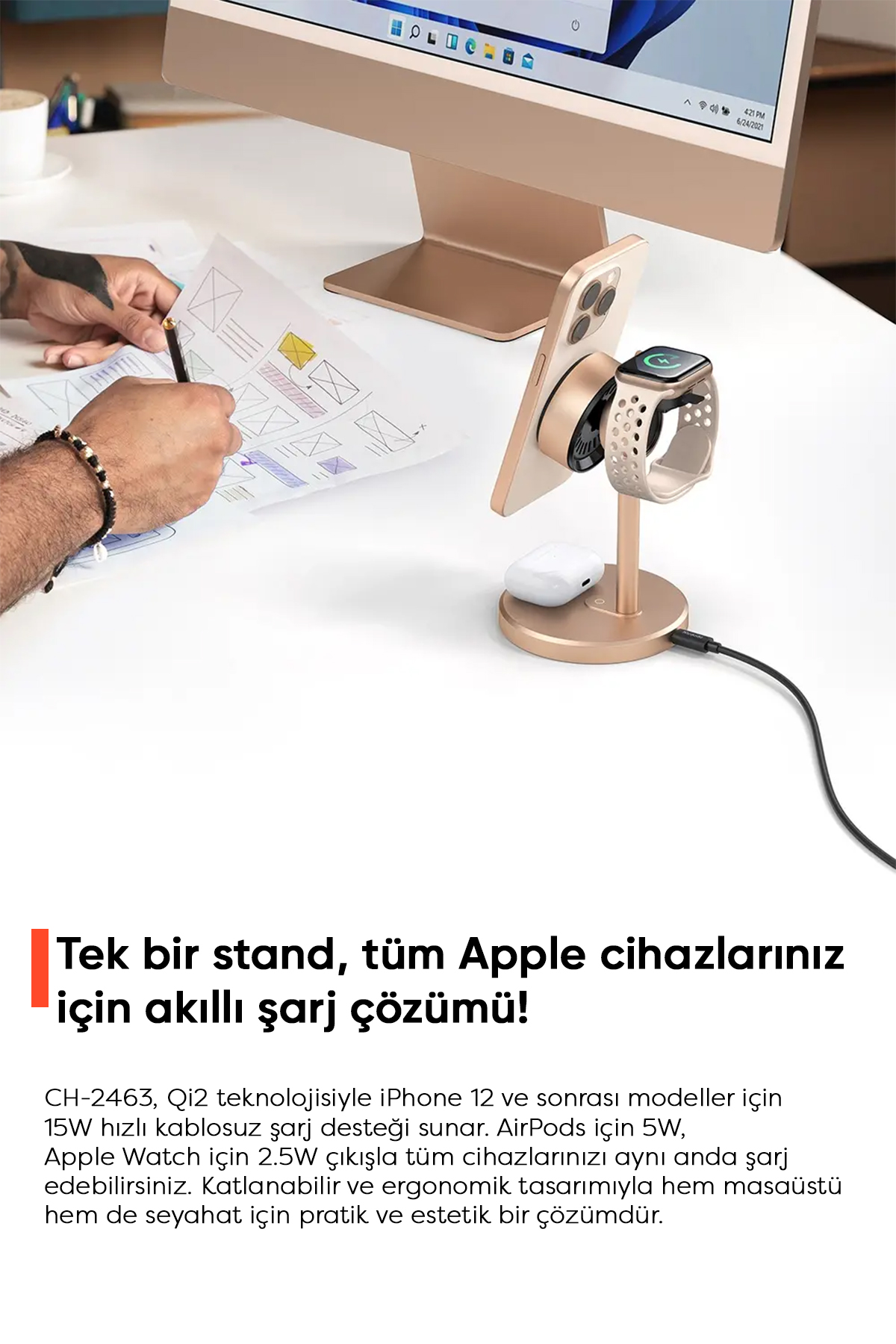 CH-2463 15W MagQ Qi2 3'ü 1 arada Kablosuz şarj standı - Çöl Titanyum Afişi