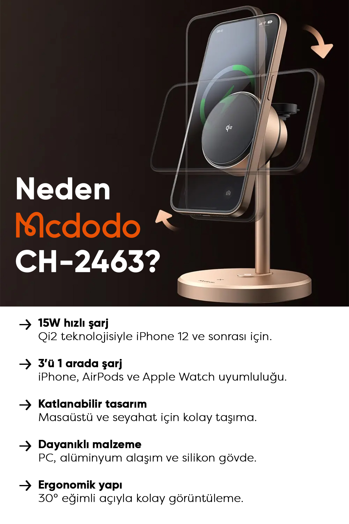 CH-2463 15W MagQ Qi2 3'ü 1 arada Kablosuz şarj standı - Çöl Titanyum Afişi