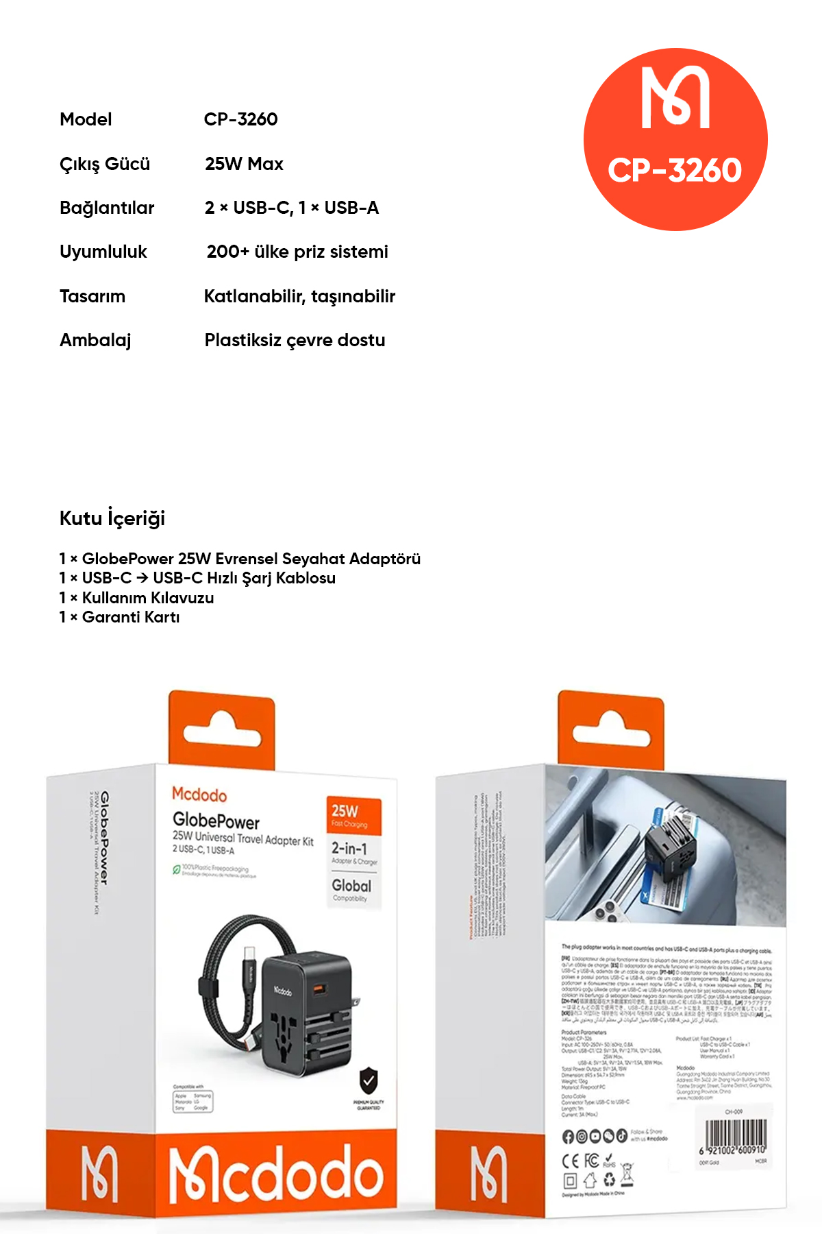 CP-3260 25W  Evrensel Seyahat Adaptör Type-C To Type-C kablo dahili Afişi