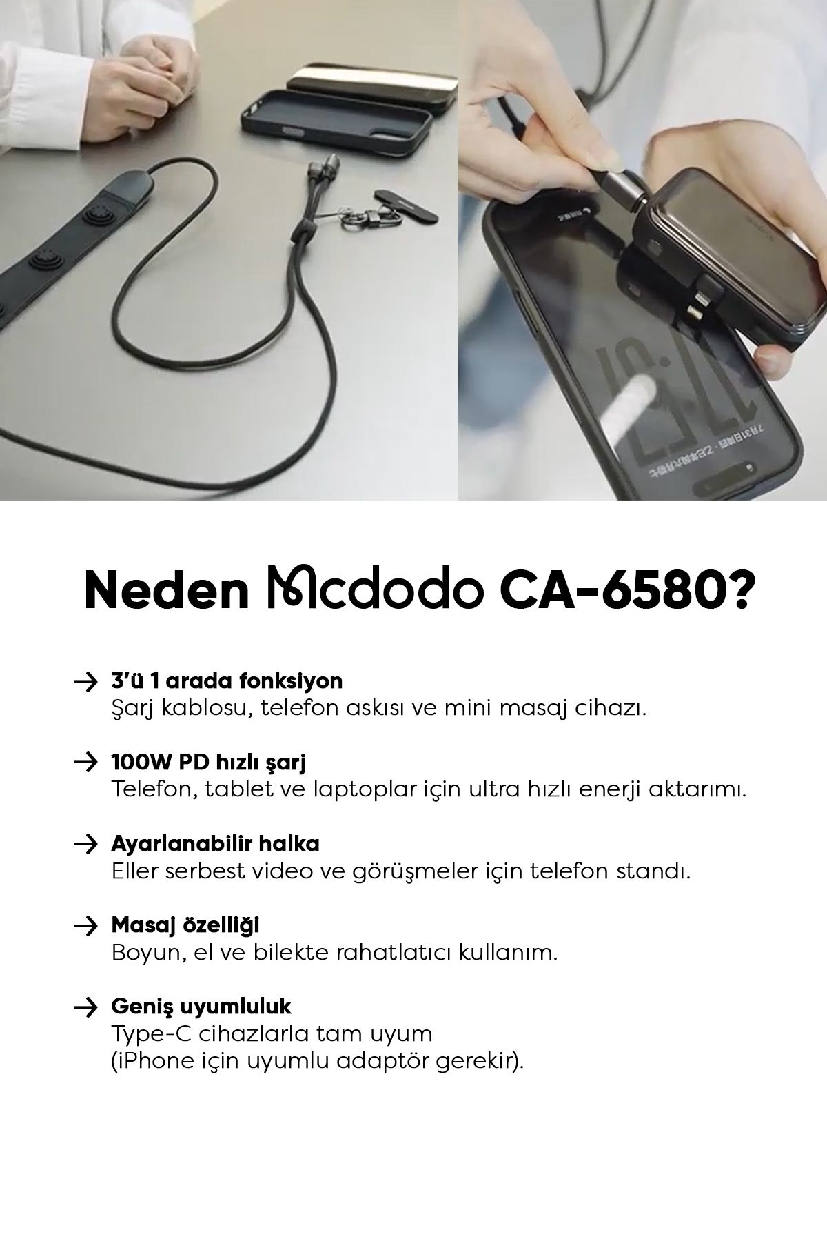 CA-6580 100W TYPE-C TO TYPE-C 3'ü 1 Arada Masaj Kablosu Afişi
