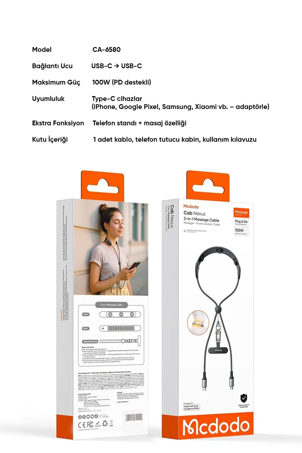 CA-6580 100W TYPE-C TO TYPE-C 3'ü 1 Arada Masaj Kablosu Afişi