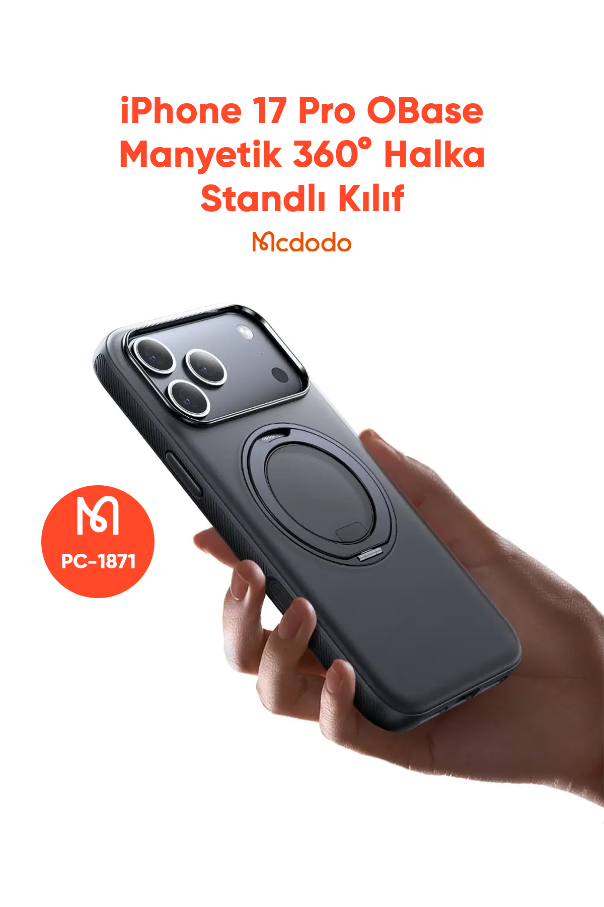 PC-1871 iPhone 17 Pro Yakalama Düğmeli Manyetik 360° Halka Standlı Kılıf Afişi