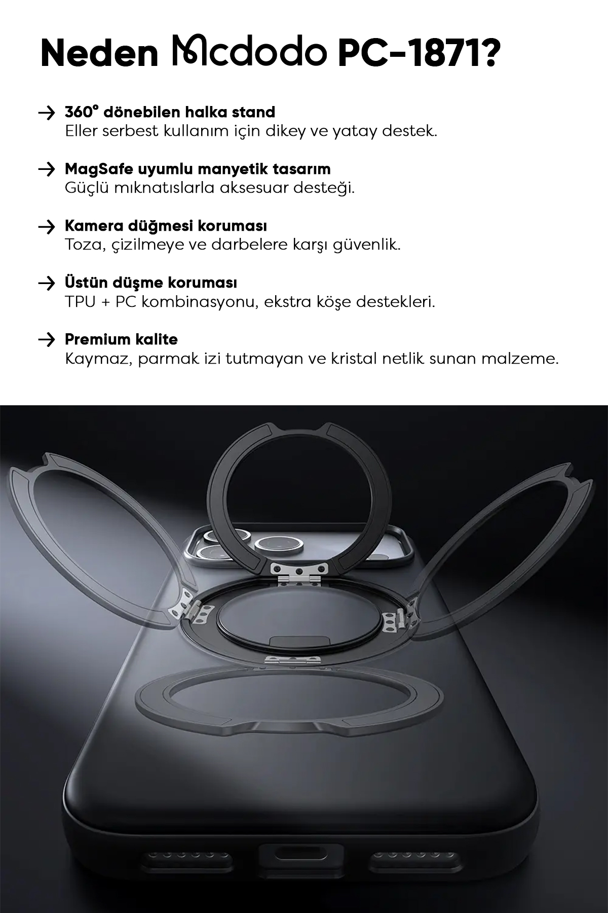 PC-1871 iPhone 17 Pro Yakalama Düğmeli Manyetik 360° Halka Standlı Kılıf Afişi