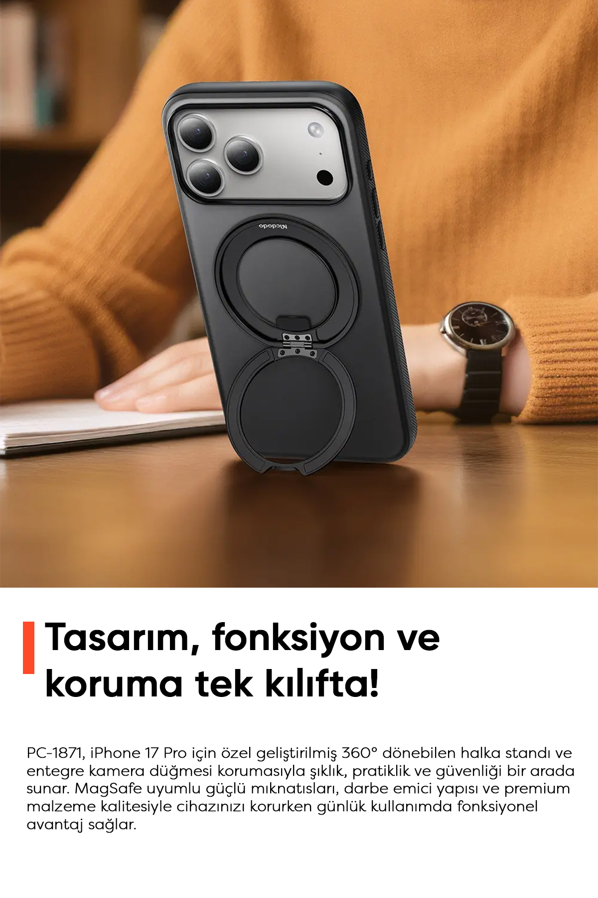 PC-1871 iPhone 17 Pro Yakalama Düğmeli Manyetik 360° Halka Standlı Kılıf Afişi