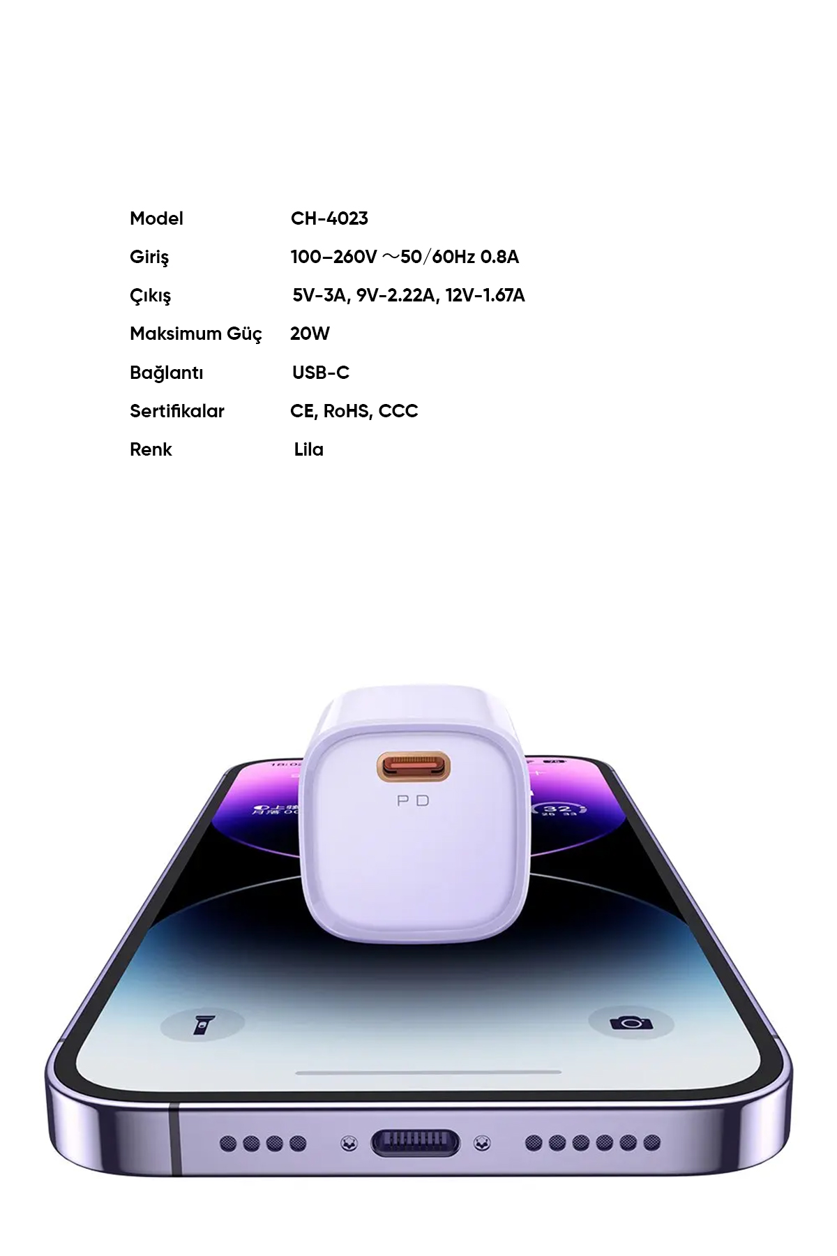 CH-4023 20W PD Type-C Hızlı Şarj Aleti - LİLA Afişi